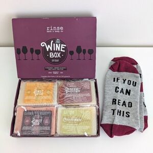 BUNDLE Rinse Bath & Body Handmade Wine Soap 4 Bars Gift Set & Funny Wine Socks